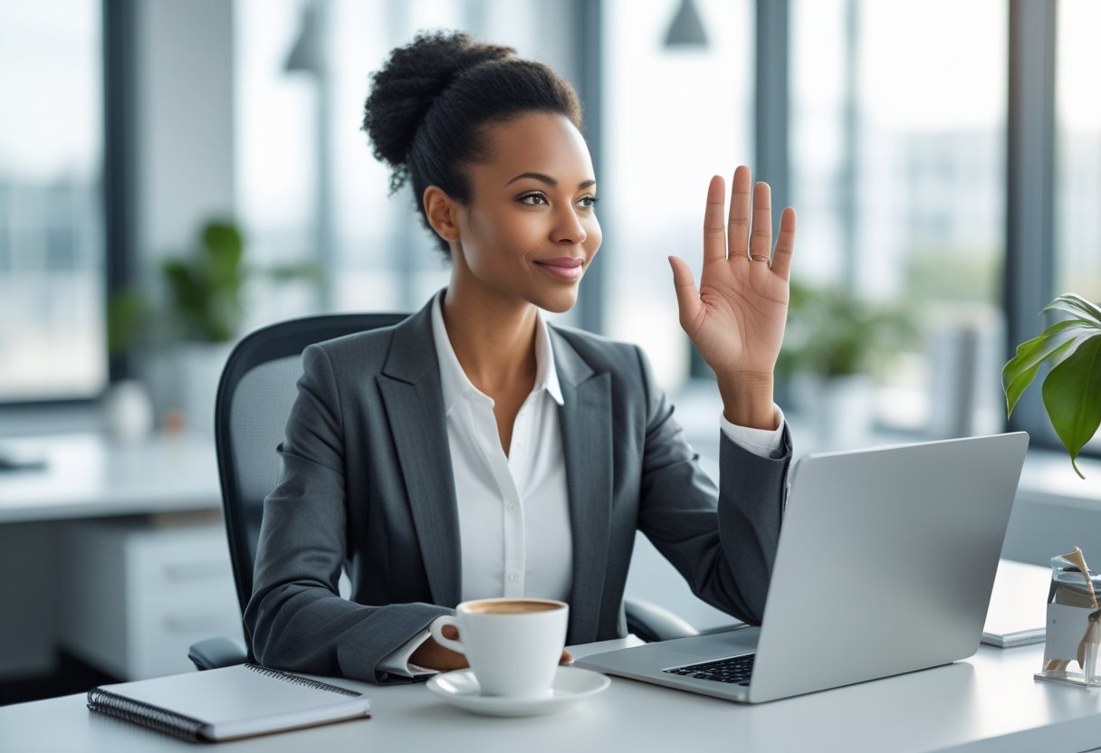 Eine Geschäftsfrau in einem modernen Büro hält freundlich die Hand zum Zeichen von Grenzen setzen und Nein sagen.