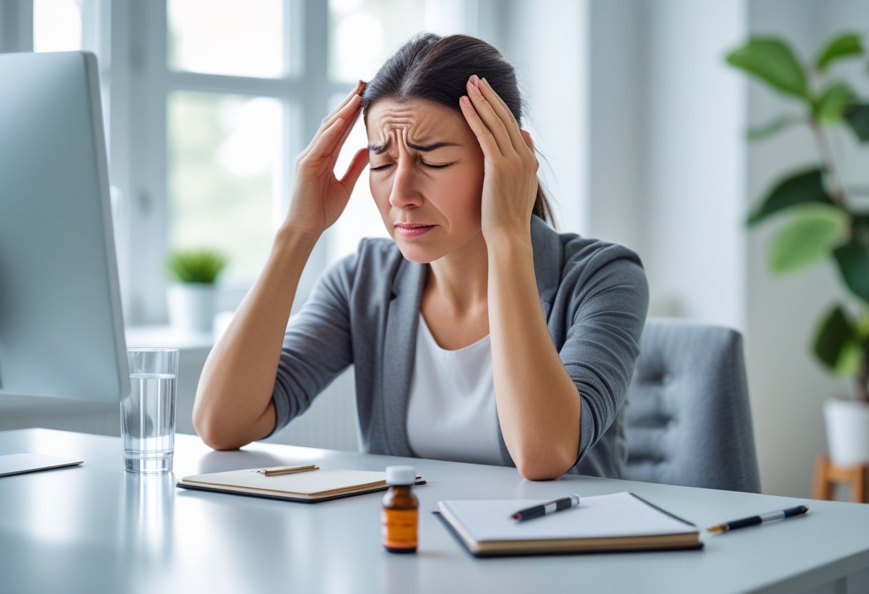 Frau sitzt am Schreibtisch und massiert sich schmerzhaft die Schläfen.