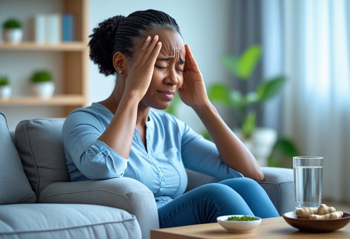 Eine Frau sitzt auf einem Sofa und hält sich schmerzhaft die Schläfen, umgeben von einem Glas Wasser und natürlichen Hausmitteln auf einem Tisch in einem hellen Wohnzimmer.