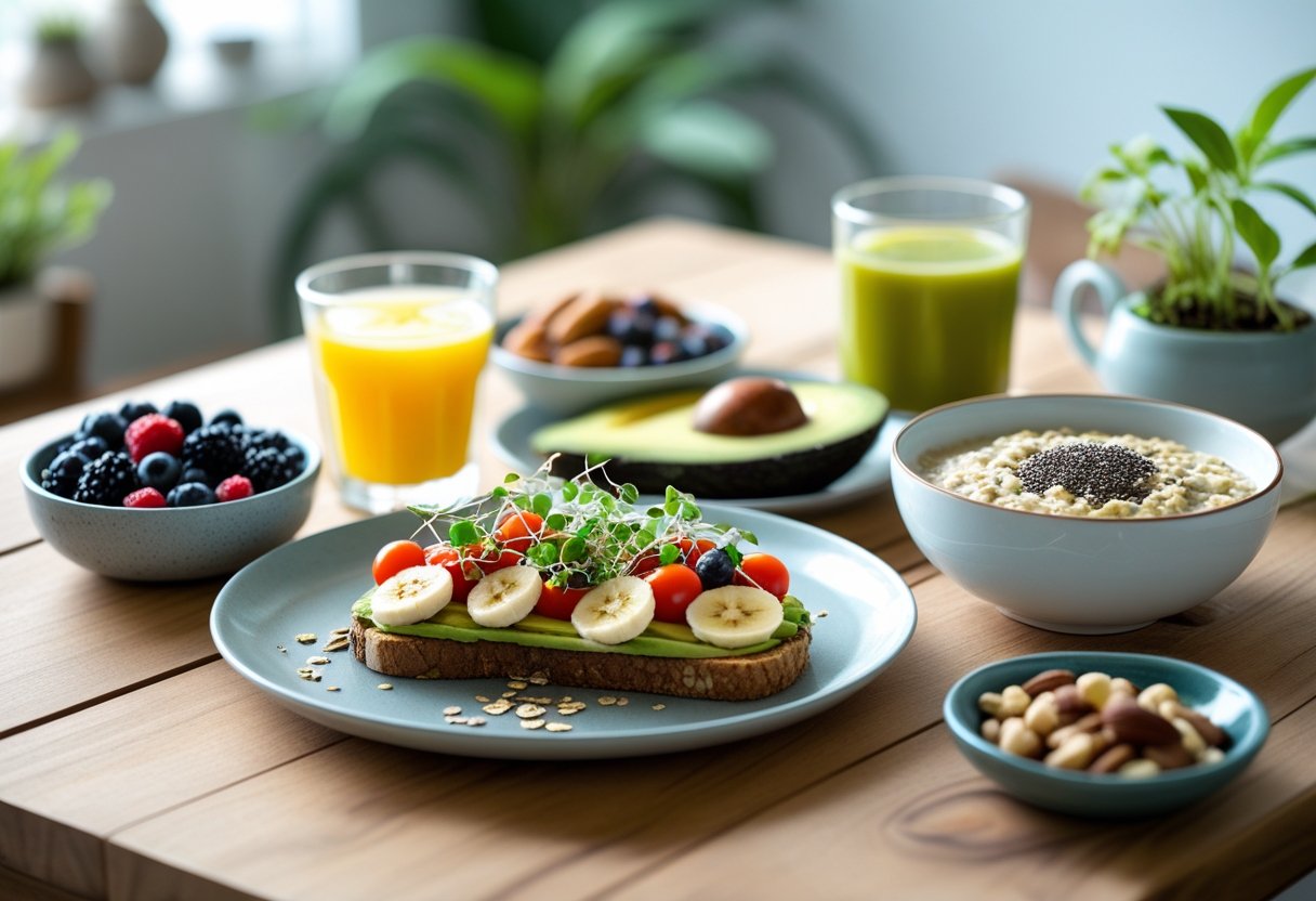 Ein gedeckter Frühstückstisch mit gesunden Speisen wie Beeren, Avocado-Toast, Haferbrei, Orangensaft und grünem Tee.
