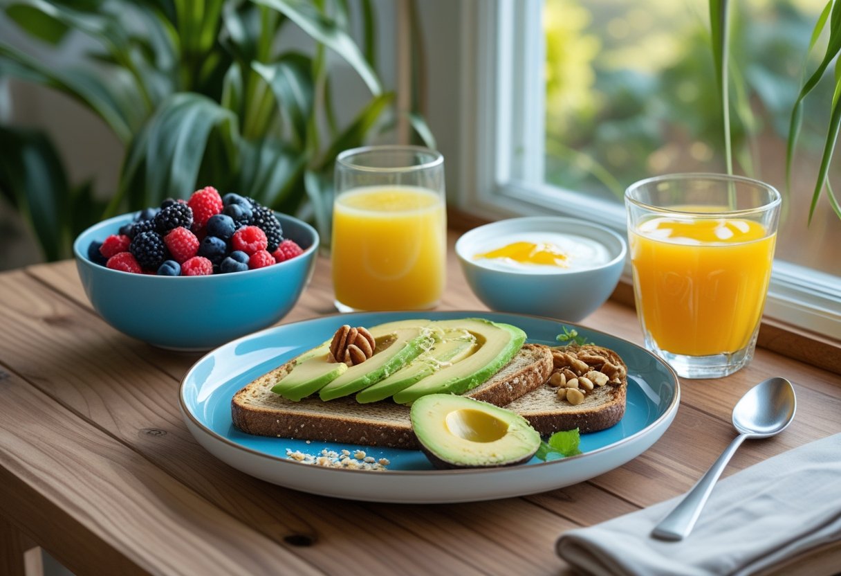 Ein gedeckter Frühstückstisch mit frischen Beeren, Avocadotoast, Joghurt, Orangensaft und Kräutertee in natürlichem Morgenlicht.