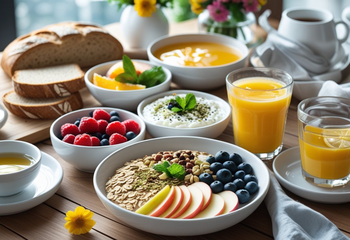 Ein Frühstückstisch mit gesunden Lebensmitteln wie Obst, Haferbrei, Joghurt, Vollkornbrot, Orangensaft und Tee.
