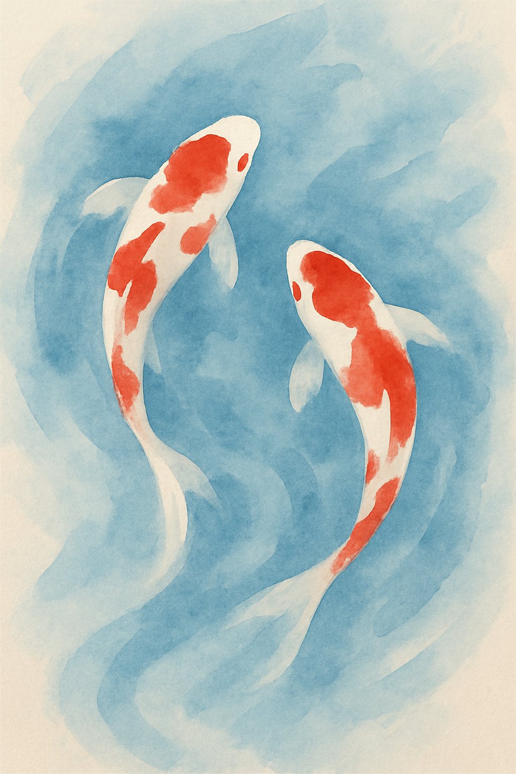 Red and white koi fish swimming gracefully in abstract blue water.