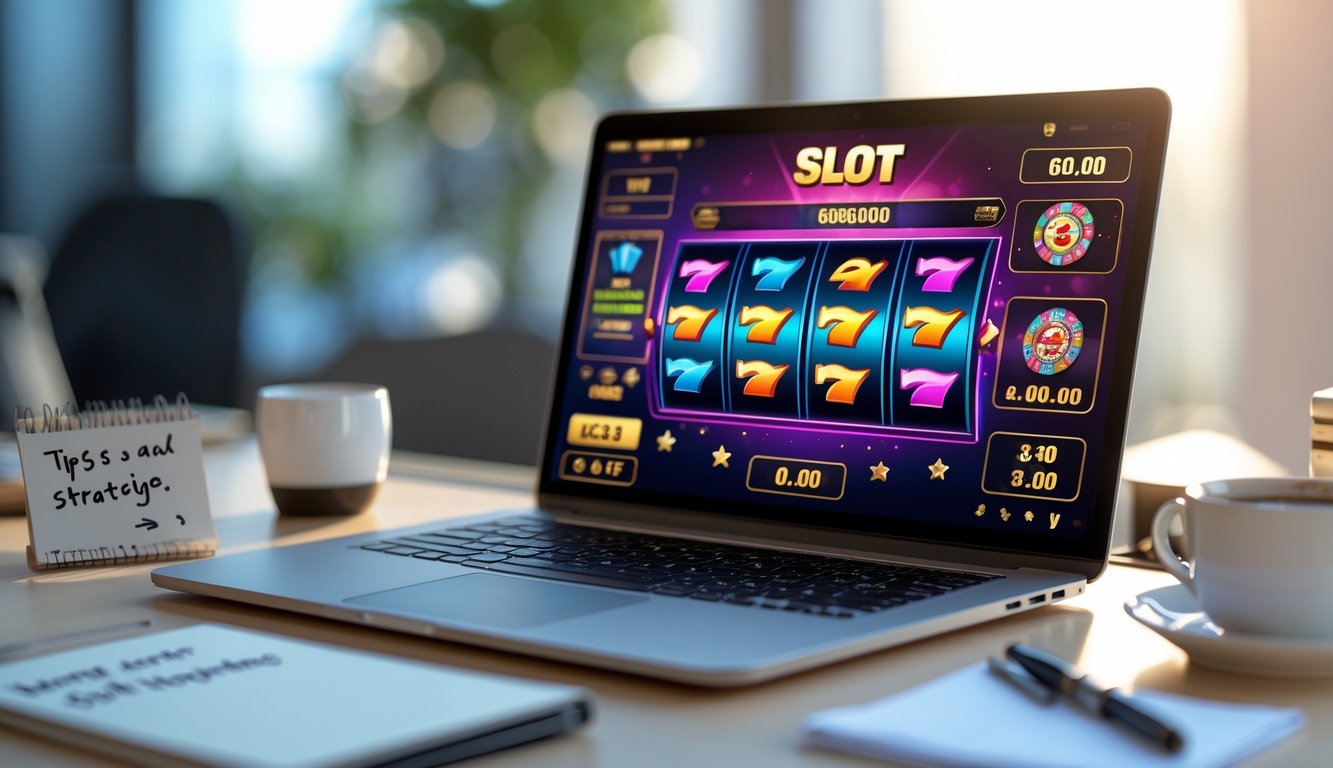 Seorang pengguna sedang bermain slot online di laptop dengan meja kerja yang rapi dan beberapa alat tulis di sekitarnya.