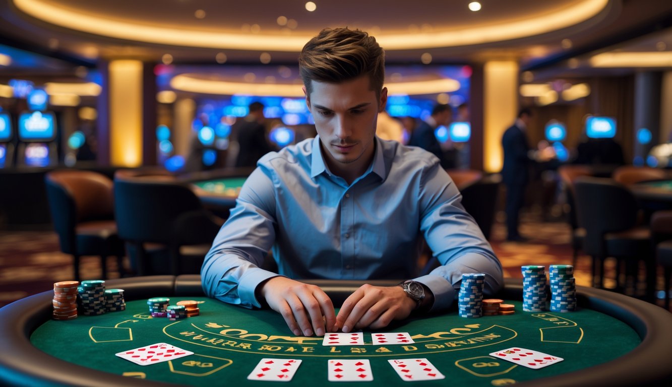 Seorang pria muda duduk di meja kasino dengan kartu baccarat dan chip, tampak fokus dan sedang menganalisis permainan.