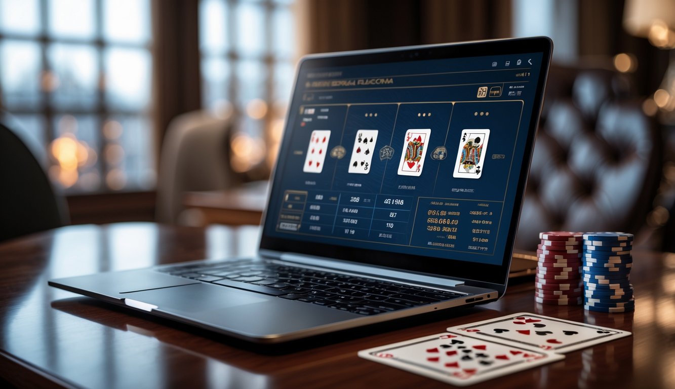 Seorang pemain duduk di depan laptop yang menampilkan permainan baccarat online dengan kartu dan chip di atas meja kayu.