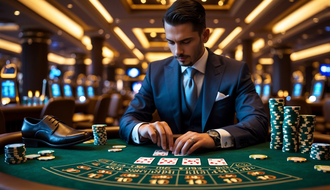 Seorang pemain berpakaian rapi sedang menganalisis kartu baccarat di meja kasino dengan chip dan alat permainan di sekitarnya.