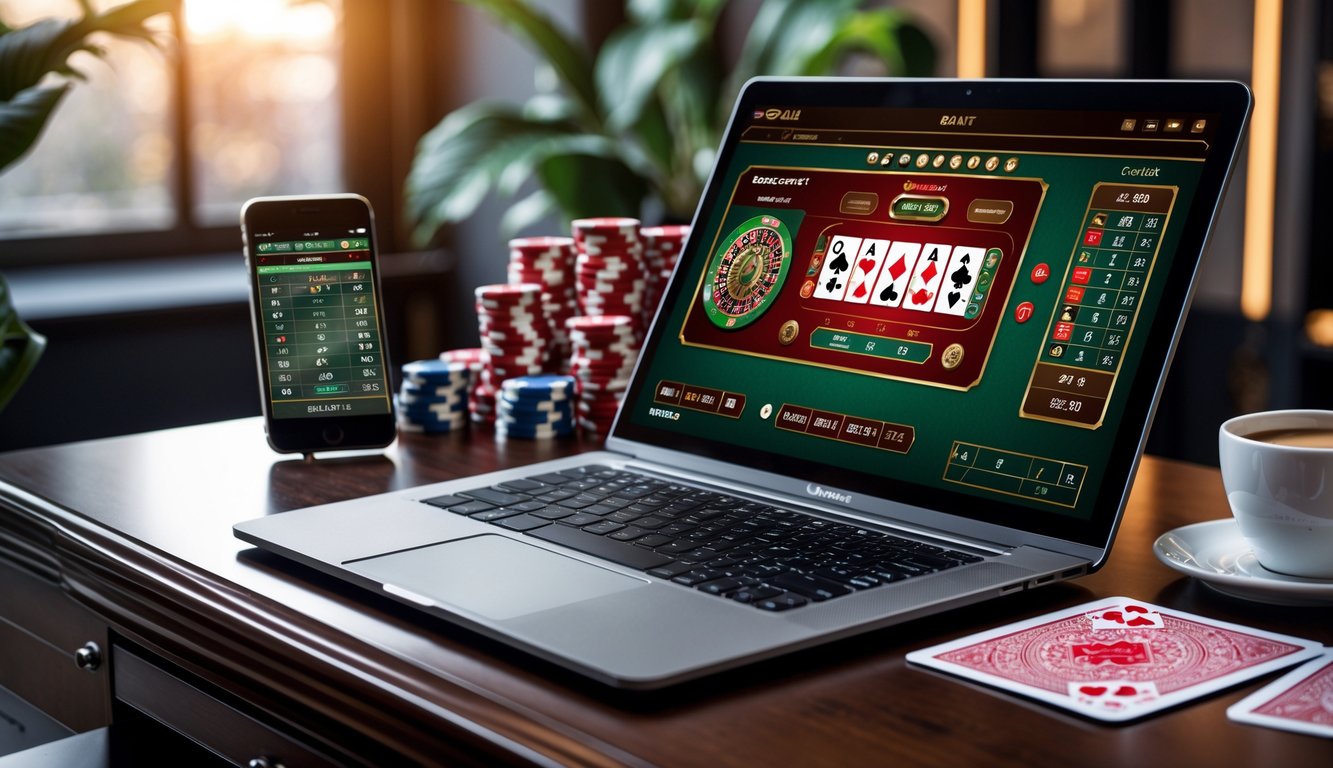 Sebuah meja kerja modern dengan komputer menampilkan permainan baccarat online, dikelilingi oleh chip poker dan kartu remi.