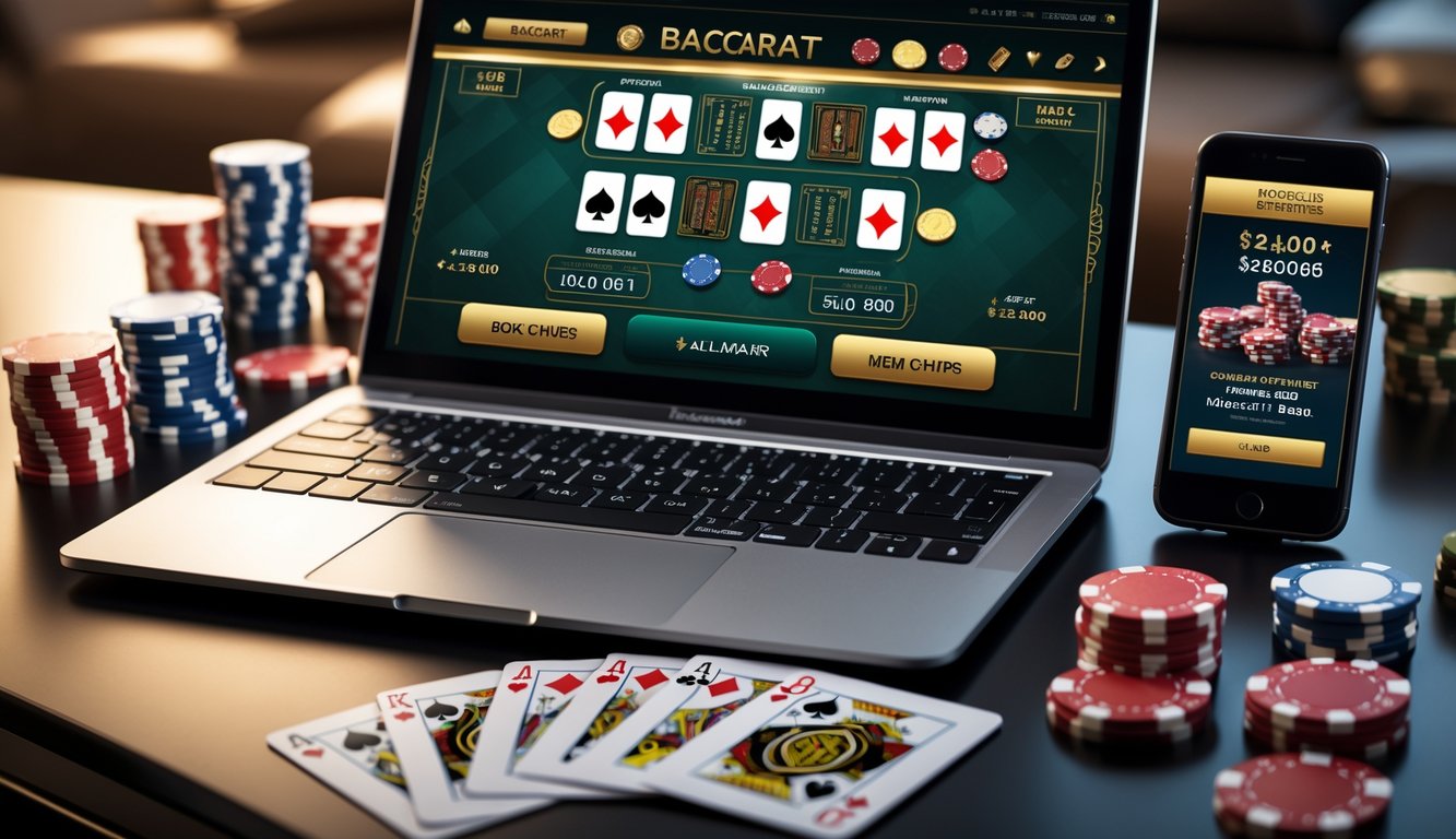 Seorang pemain sedang menggunakan laptop dan smartphone dengan kartu dan chip kasino di meja untuk bermain baccarat online.