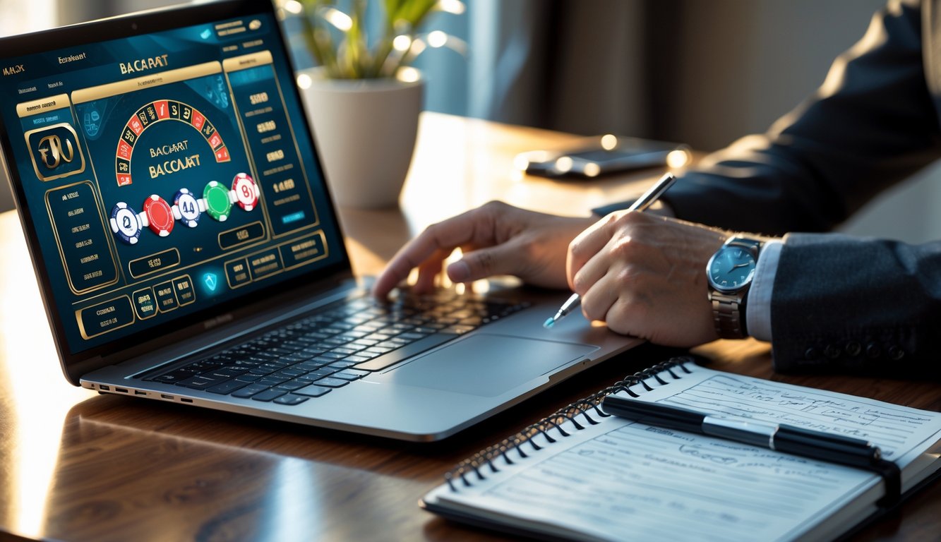 Meja kerja dengan laptop yang menampilkan permainan baccarat online, buku catatan dengan tulisan tangan, dan pena, suasana tenang dan terorganisir.
