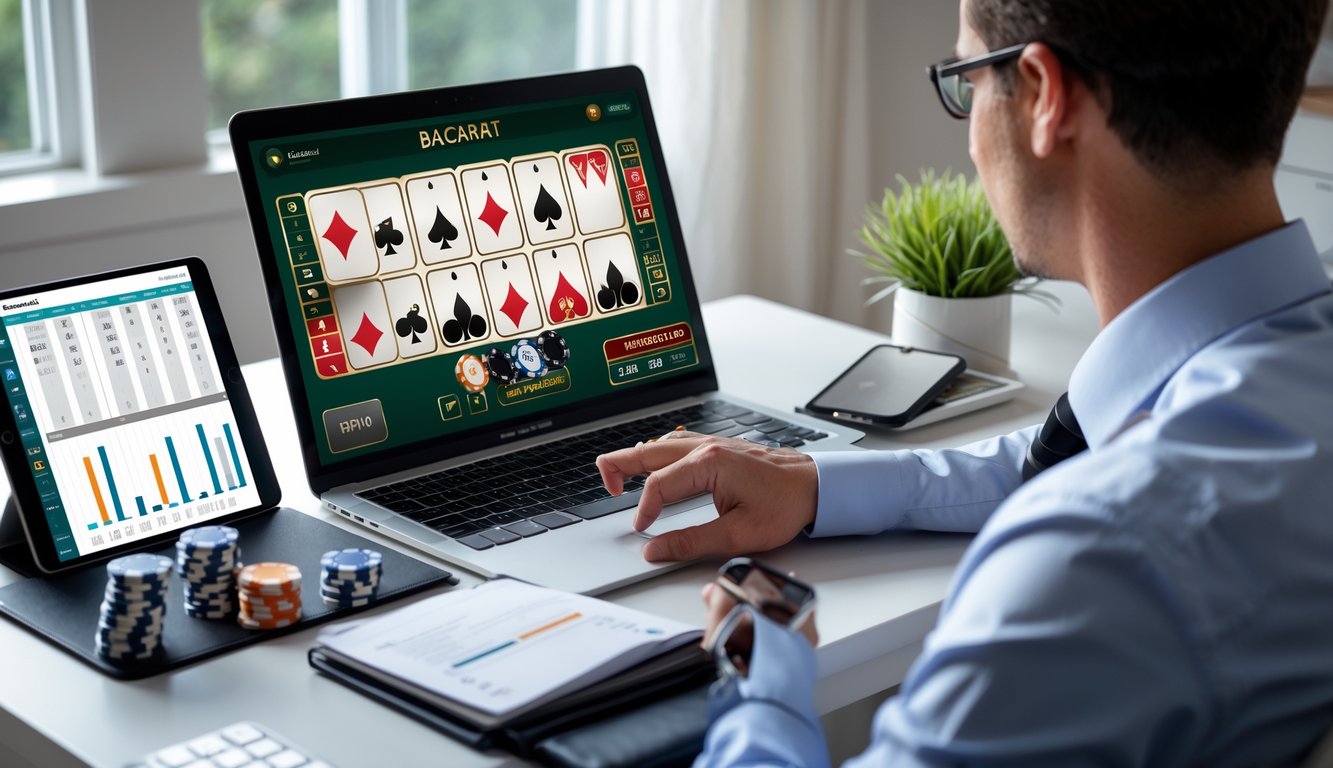Seseorang sedang bermain Baccarat online di komputer dengan tumpukan chip dan catatan strategi di meja.