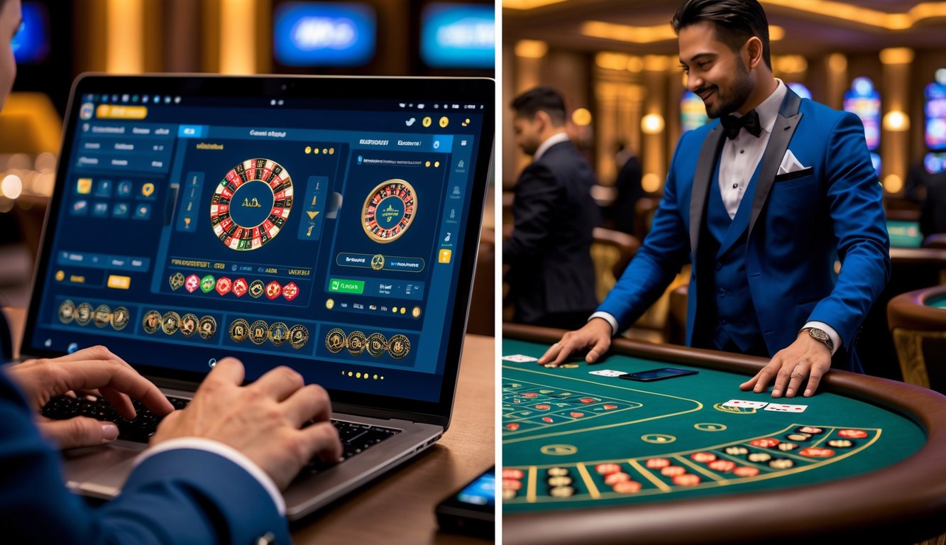 Seseorang bermain baccarat online di laptop di sebelah kiri, dan suasana kasino langsung dengan dealer dan pemain di meja baccarat di sebelah kanan.