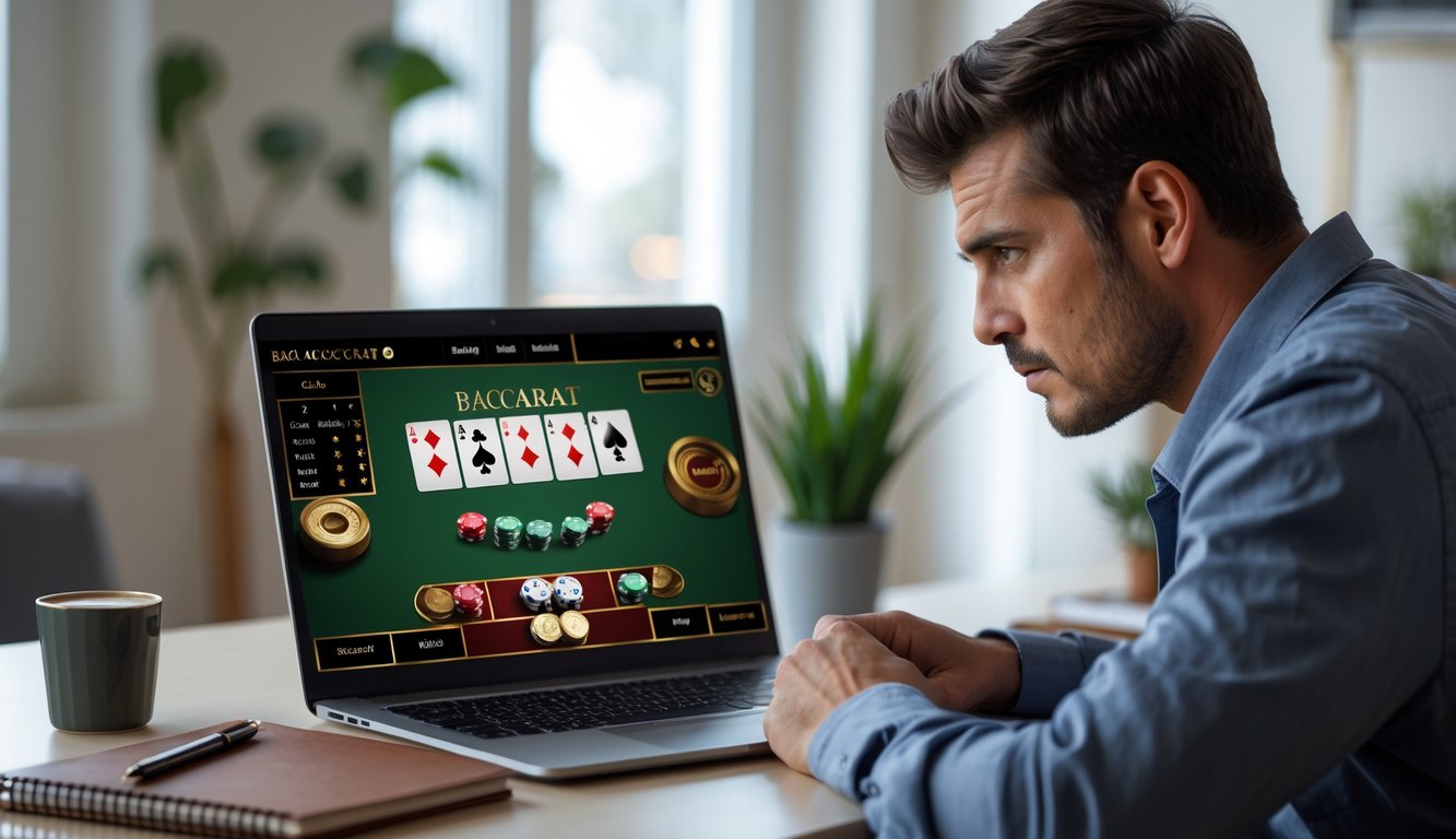 Seorang pria muda serius bermain baccarat online di laptop di ruangan yang terang dengan meja yang rapi dan beberapa alat tulis di dekatnya.