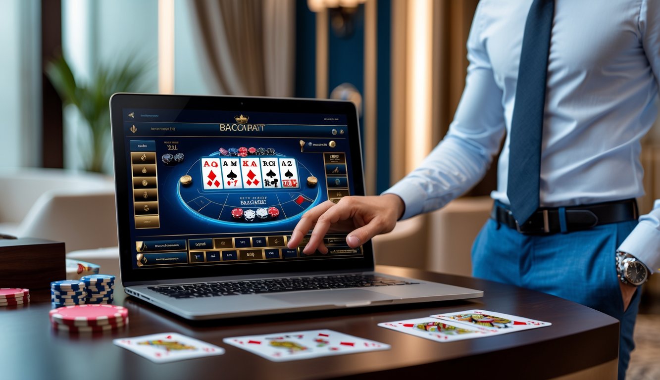 Seseorang menggunakan laptop dengan tampilan permainan baccarat online di atas meja kayu dengan kartu dan chip kasino di sekitarnya.