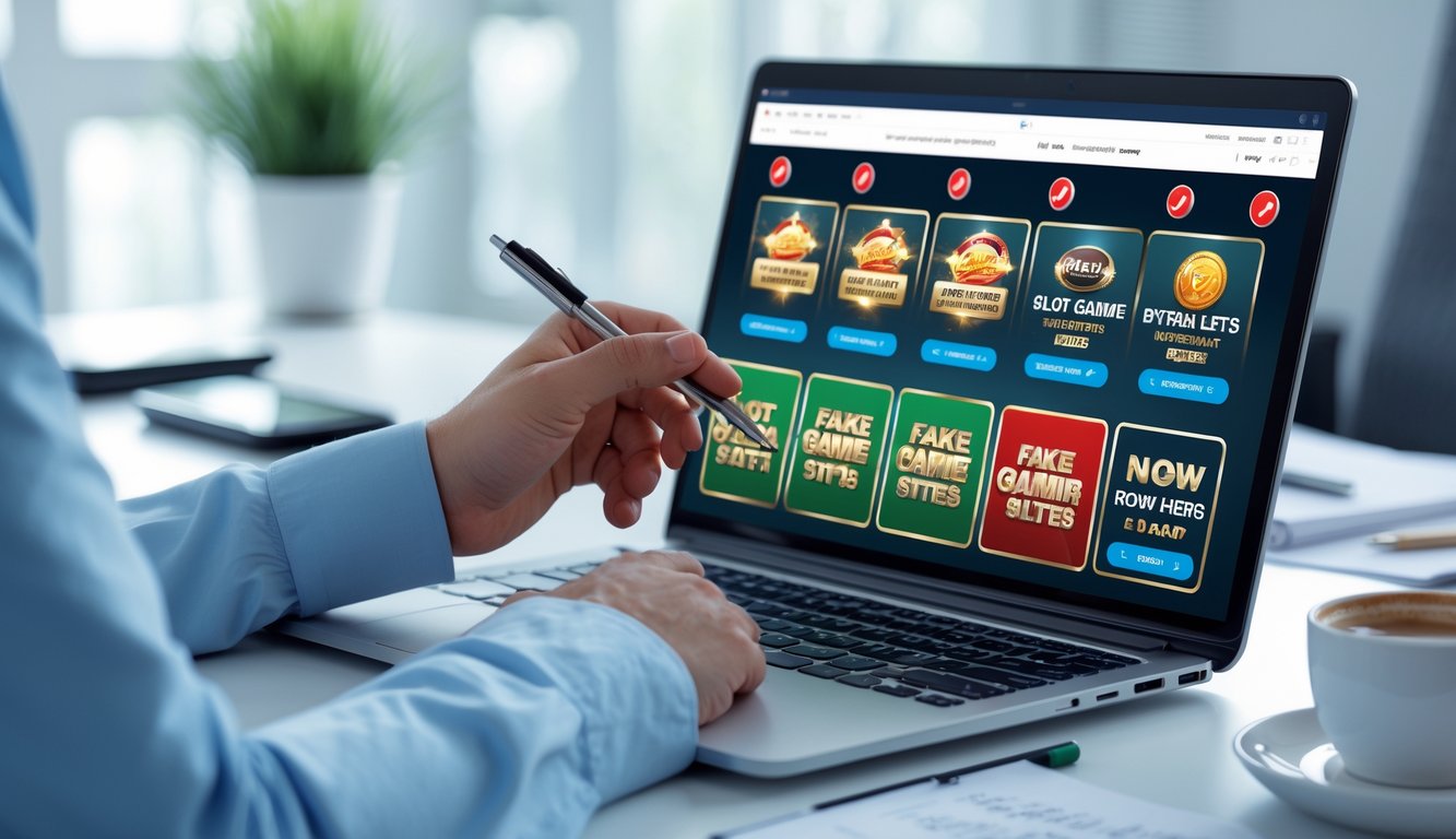 Seseorang sedang menganalisis situs slot online resmi dan palsu di layar laptop dalam suasana kantor yang rapi.