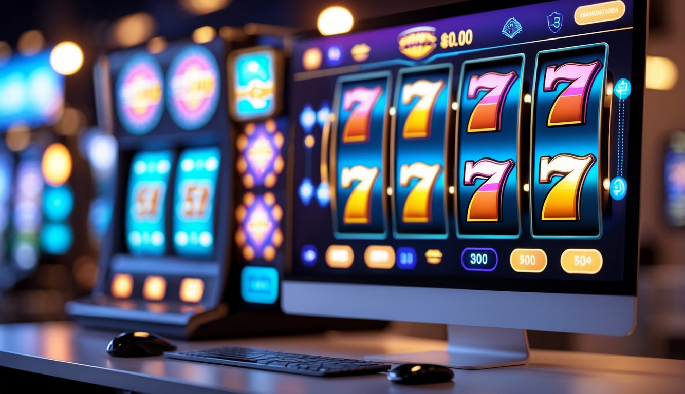 Sebuah meja kerja modern dengan monitor komputer menampilkan permainan slot online yang berwarna-warni dan menarik.