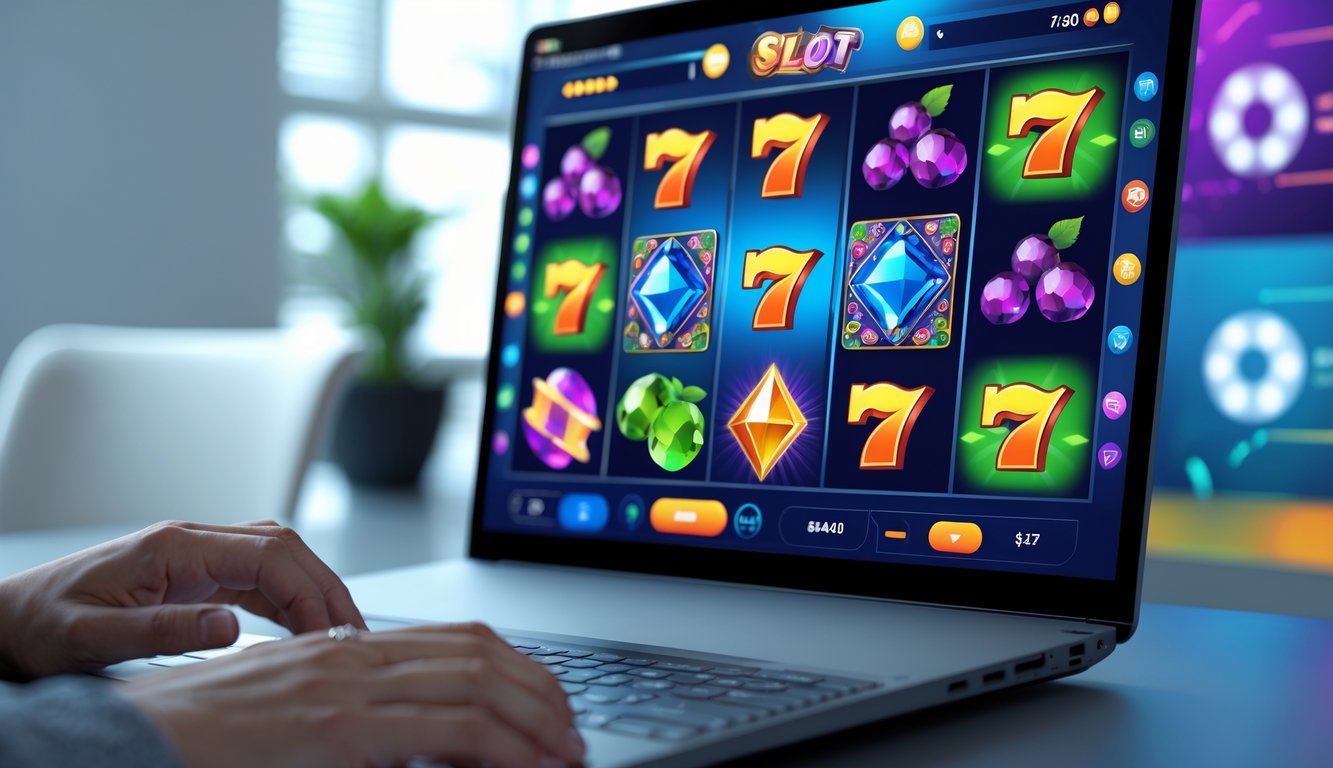 Seseorang sedang bermain permainan slot online di depan komputer dengan ikon permainan warna-warni di layar.
