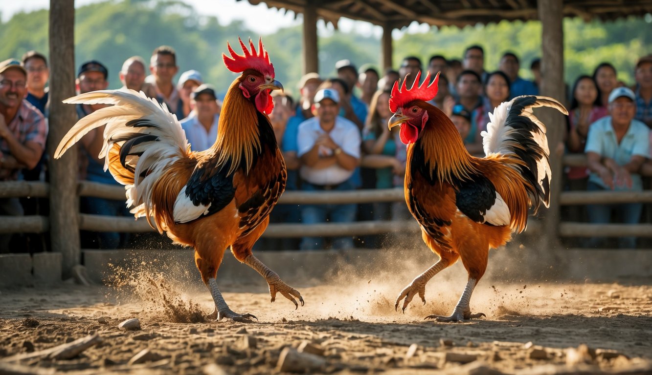 Pertarungan dua ayam jago di arena dengan penonton yang antusias di sekitarnya.