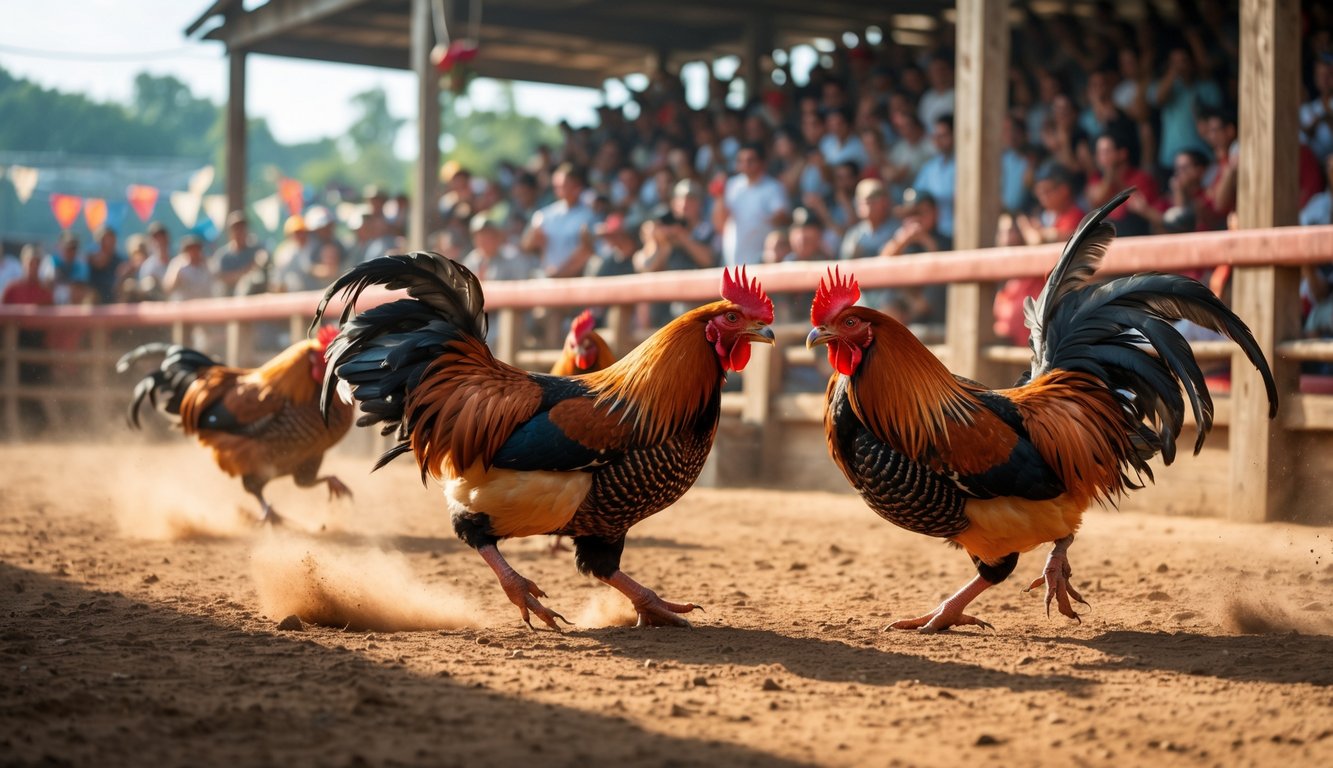 Arena sabung ayam dengan dua ayam jago bertarung di depan penonton yang antusias.