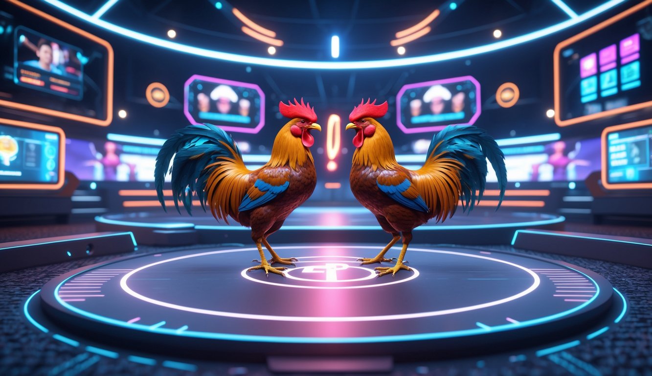 Arena sabung ayam virtual modern dengan dua ayam jago di tengah dan tampilan digital di sekitarnya.