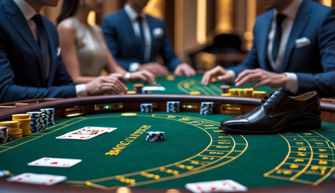 Meja baccarat dengan kartu dan chip di kasino mewah, pemain fokus bermain di latar belakang.