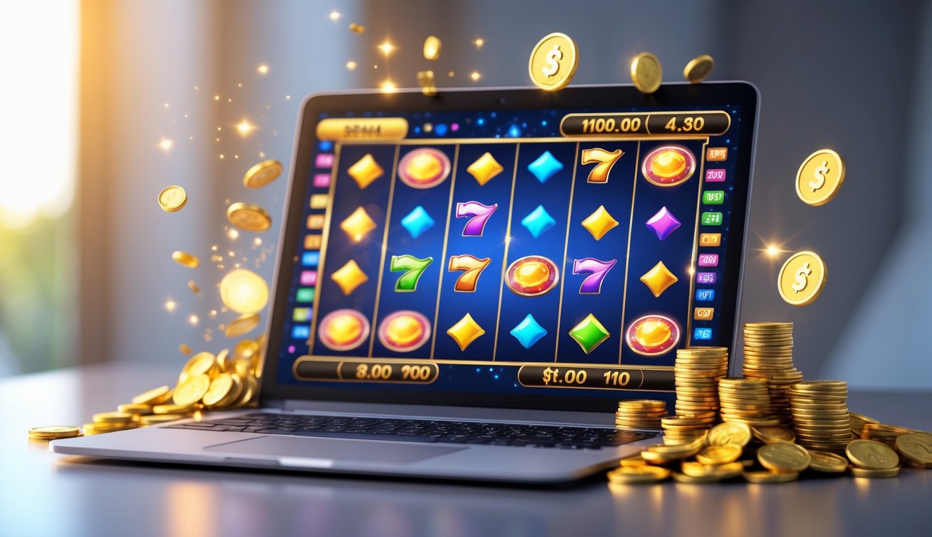 Layar komputer menampilkan permainan slot online dengan simbol warna-warni dan koin emas berserakan di sekitarnya.
