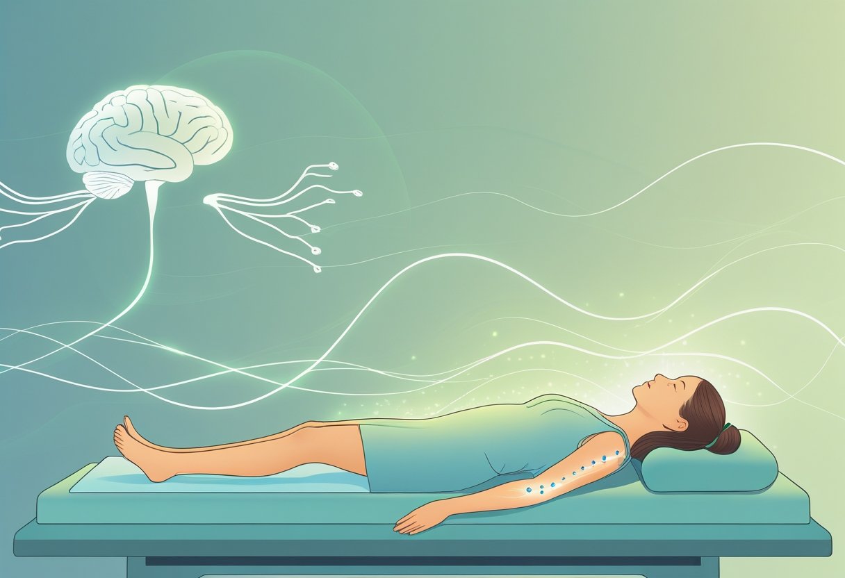 A woman lying on a treatment table receiving acupuncture with glowing energy waves around her body symbolizing relaxation and mind-body connection.