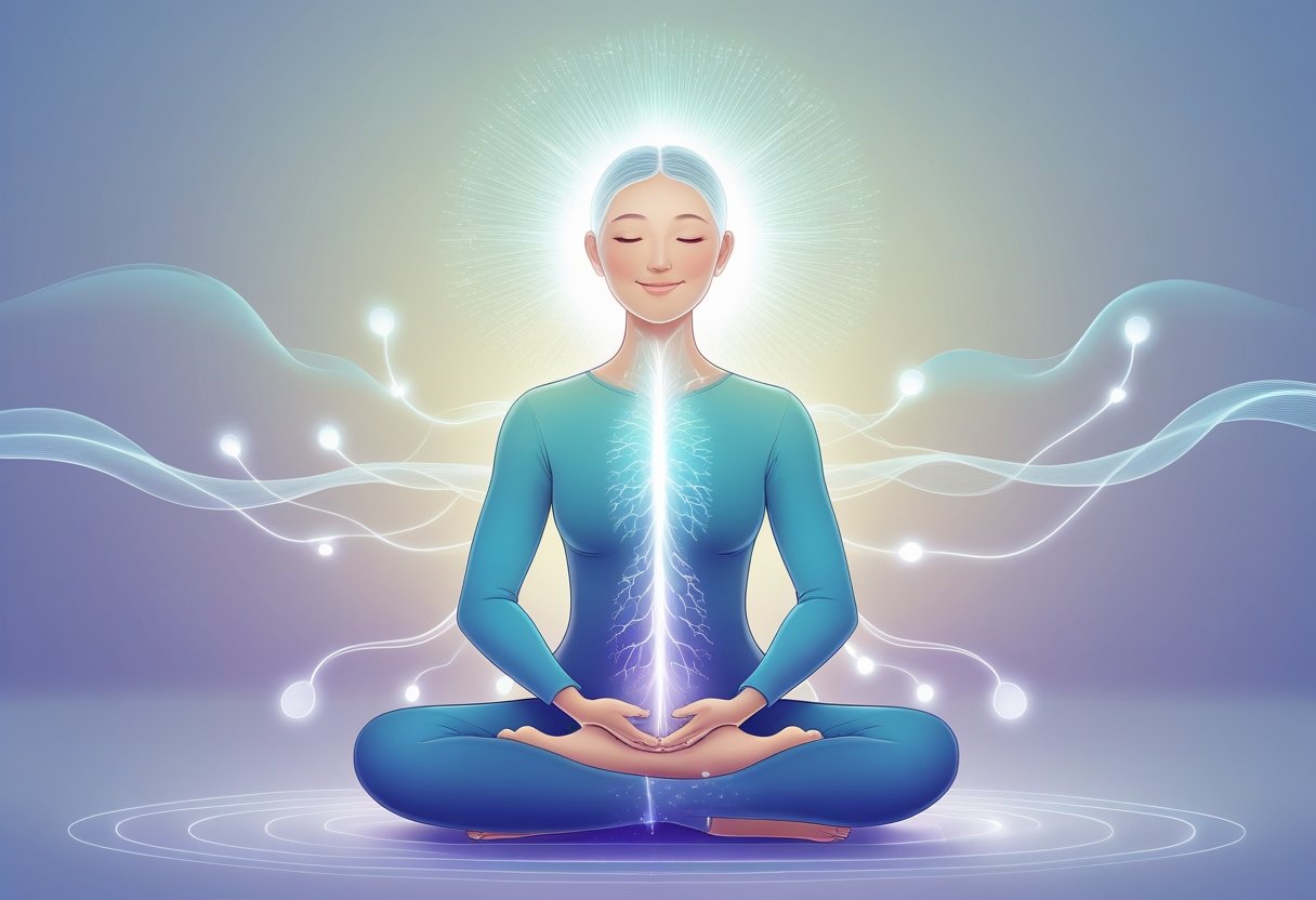 A person sitting cross-legged with eyes closed, surrounded by glowing light and soft neural pathways, illustrating calmness and pain relief.