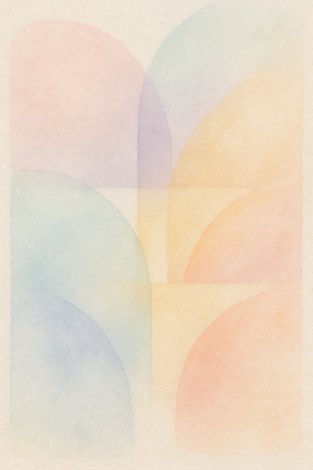An abstract arrangement of seven overlapping pastel rainbow shapes on a soft, textured paper background.