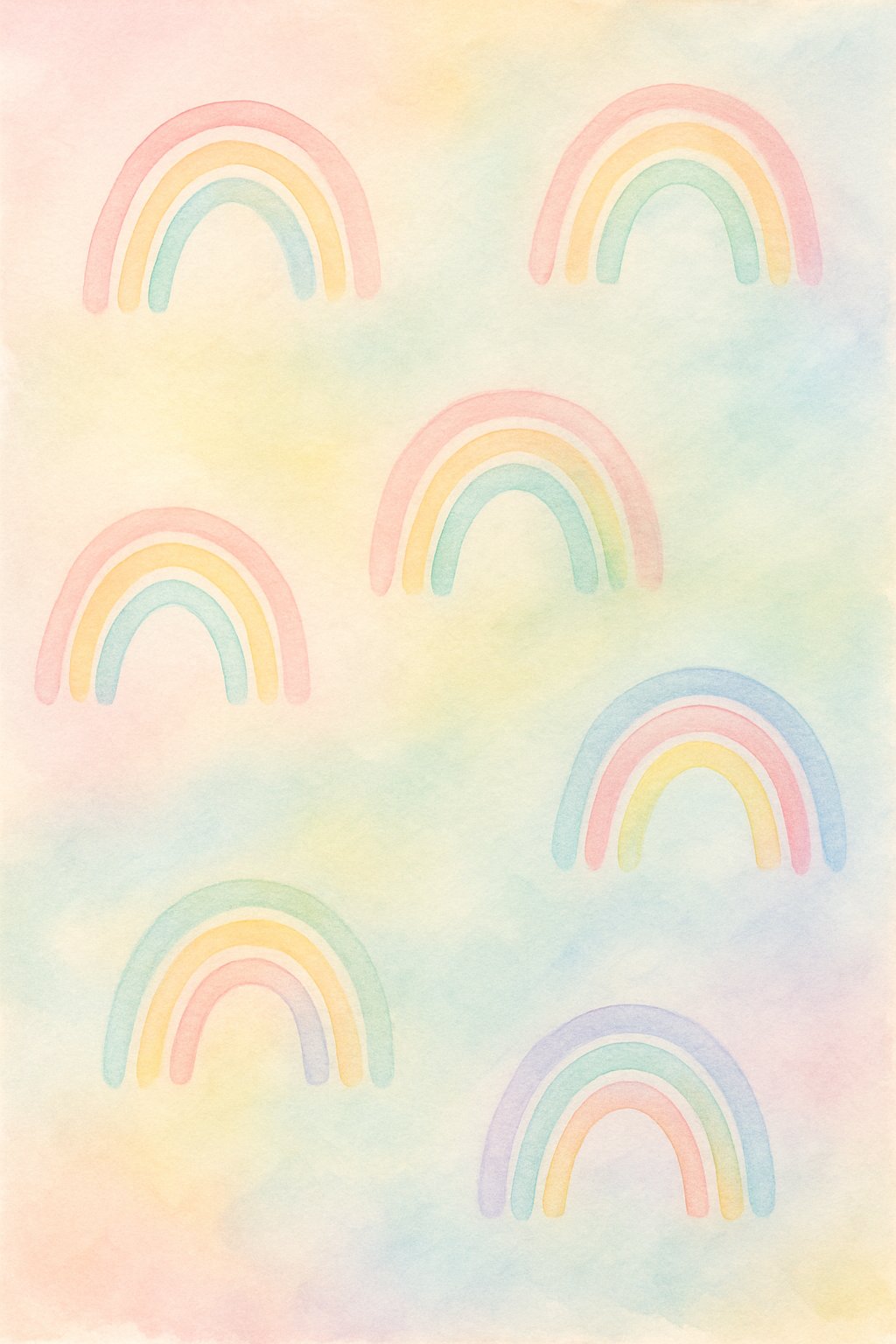 A background with seven pastel rainbow arcs softly painted in gentle colors on textured paper.