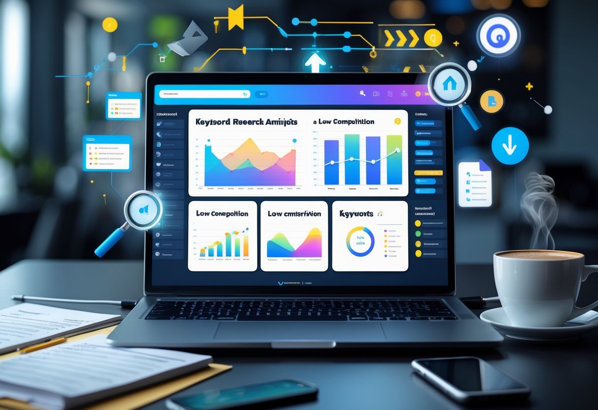Low-Competition Keywords: A Strategic Guide 3 A modern workspace with a laptop showing keyword analysis charts, surrounded by notes and a smartphone, symbolizing SEO research and planning.