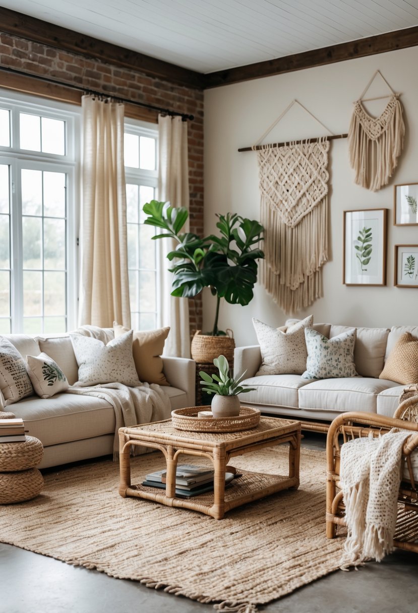 Eclectic Living Room Design With Natural Textures: 22 Inspiring Ideas for a Stylish Space 2 A living room with a sofa, wooden coffee table, plants, and natural light coming through large windows.