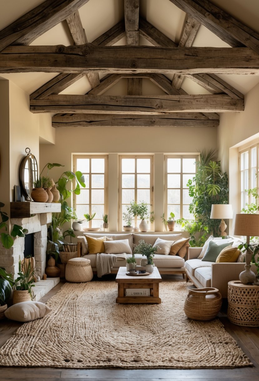 Eclectic Living Room Design With Natural Textures: 22 Inspiring Ideas for a Stylish Space 3 A living room with weathered wood beams on the ceiling, comfortable seating, natural light, and plants.