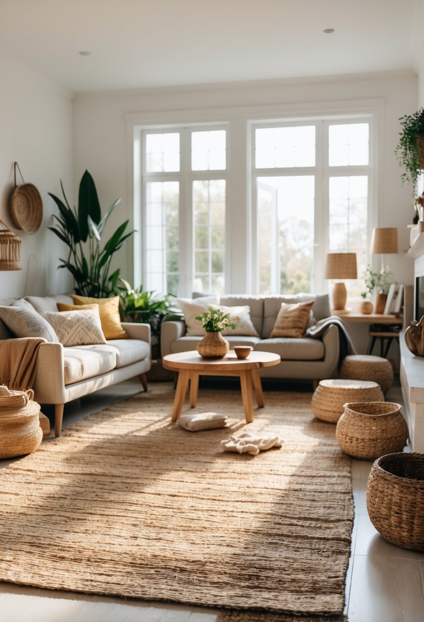 Eclectic Living Room Design With Natural Textures: 22 Inspiring Ideas for a Stylish Space 4 A bright living room with a sofa, wooden tables, plants, and jute rugs on the floor.
