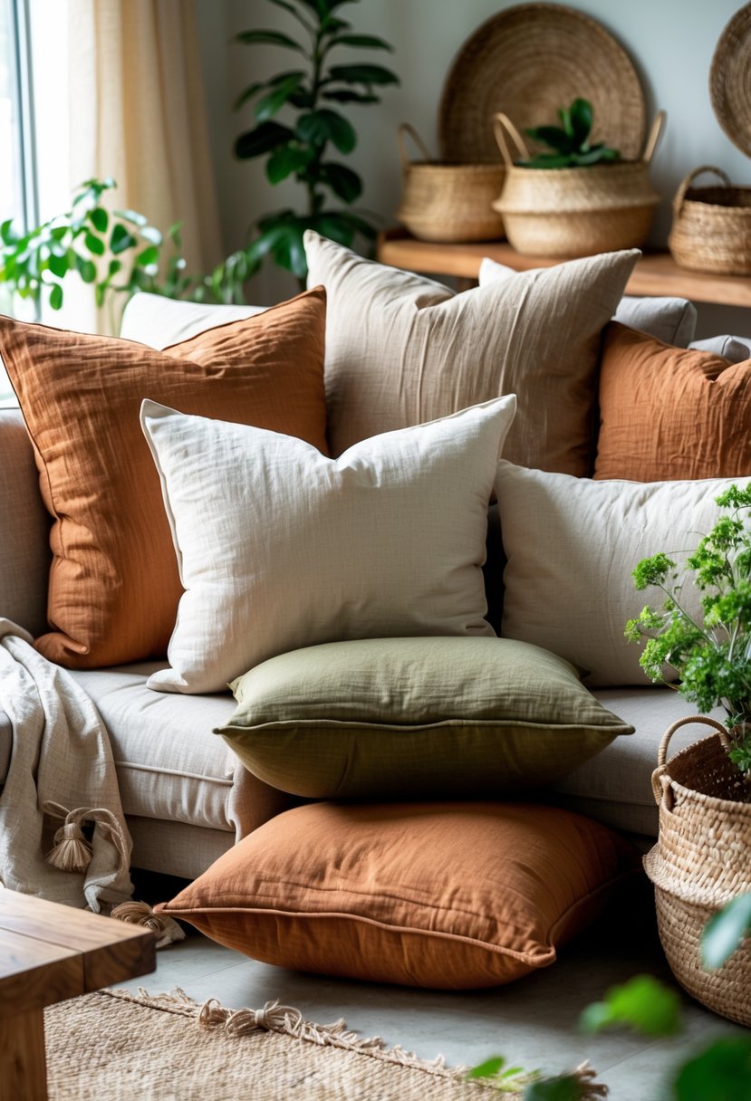Eclectic Living Room Design With Natural Textures: 22 Inspiring Ideas for a Stylish Space 5 A cozy living room with layered earth tone linen throw pillows on a sofa, surrounded by natural textures like wood, woven baskets, and plants.