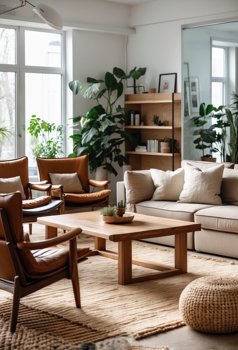 Eclectic Living Room Design With Natural Textures: 22 Inspiring Ideas for a Stylish Space 7 A living room with leather chairs and fabric sofas, wooden tables, plants, and natural light.