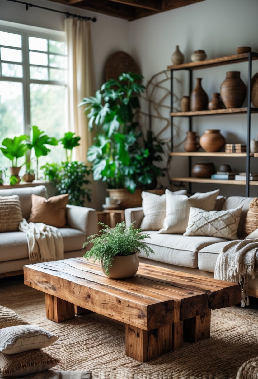 Eclectic Living Room Design With Natural Textures: 22 Inspiring Ideas for a Stylish Space 8 A living room with reclaimed wood coffee tables, comfortable seating, plants, and natural light.