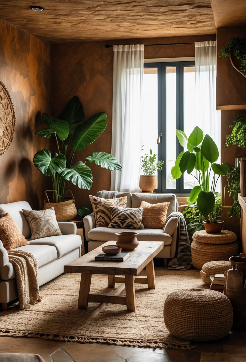 Eclectic Living Room Design With Natural Textures: 22 Inspiring Ideas for a Stylish Space 9 A living room with earth-toned textured walls, wooden furniture, plants, and a sofa with cushions.