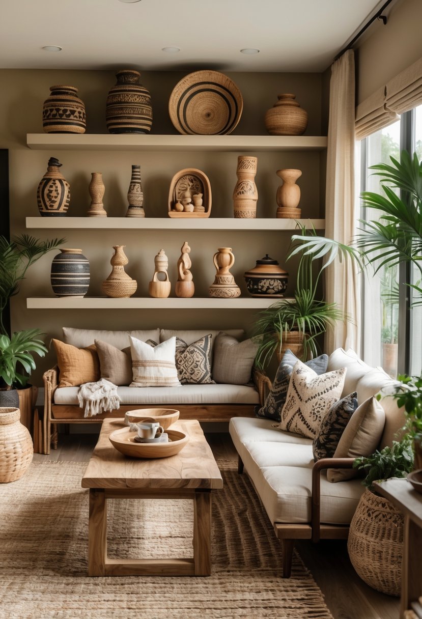 Eclectic Living Room Design With Natural Textures: 22 Inspiring Ideas for a Stylish Space 10 A living room with a sofa, coffee table, woven baskets, pottery, wooden sculptures, plants, and natural light.