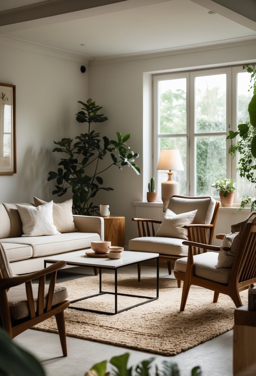 Eclectic Living Room Design With Natural Textures: 22 Inspiring Ideas for a Stylish Space 11 A living room with a sofa, armchair, coffee table, natural textured rug, and plants illuminated by natural light.