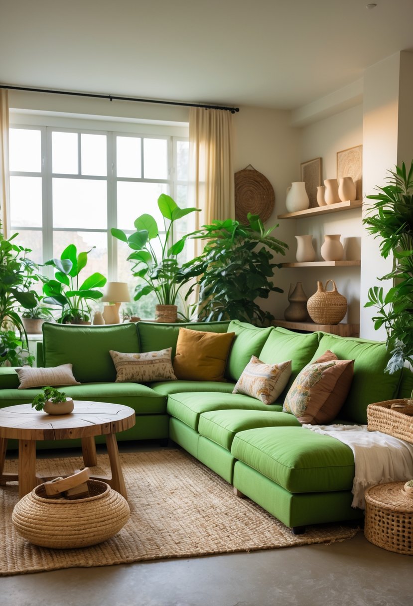 Eclectic Living Room Design With Natural Textures: 22 Inspiring Ideas for a Stylish Space 12 A living room with a green sectional sofa surrounded by natural textured decor, plants, and wooden furniture.