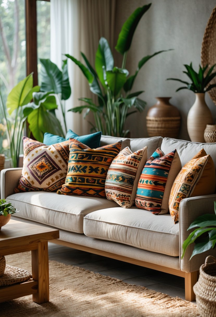 Eclectic Living Room Design With Natural Textures: 22 Inspiring Ideas for a Stylish Space 13 A living room with a sofa covered in colorful patterned pillows, wooden furniture, green plants, and natural textured decor.