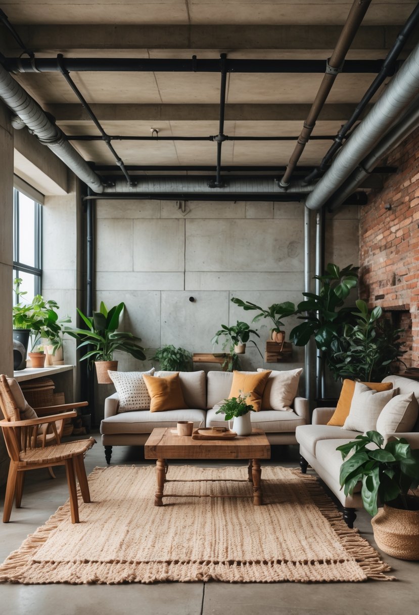 Eclectic Living Room Design With Natural Textures: 22 Inspiring Ideas for a Stylish Space 14 Living room with exposed metal piping, wooden furniture, woven rugs, and green plants.