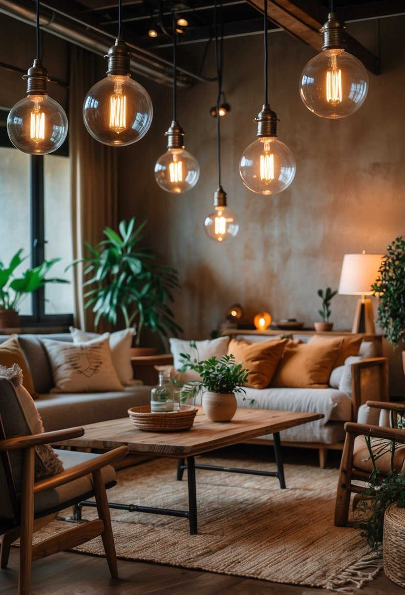 Eclectic Living Room Design With Natural Textures: 22 Inspiring Ideas for a Stylish Space 15 A living room with vintage industrial hanging lights, wooden furniture, woven rugs, and plants creating a warm and inviting space.