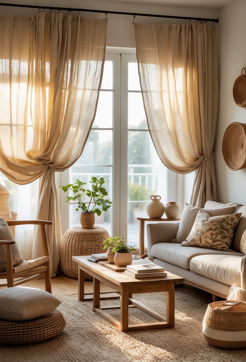 Eclectic Living Room Design With Natural Textures: 22 Inspiring Ideas for a Stylish Space 16 A bright living room with linen curtains, wooden furniture, woven baskets, and soft cushions by a large window.