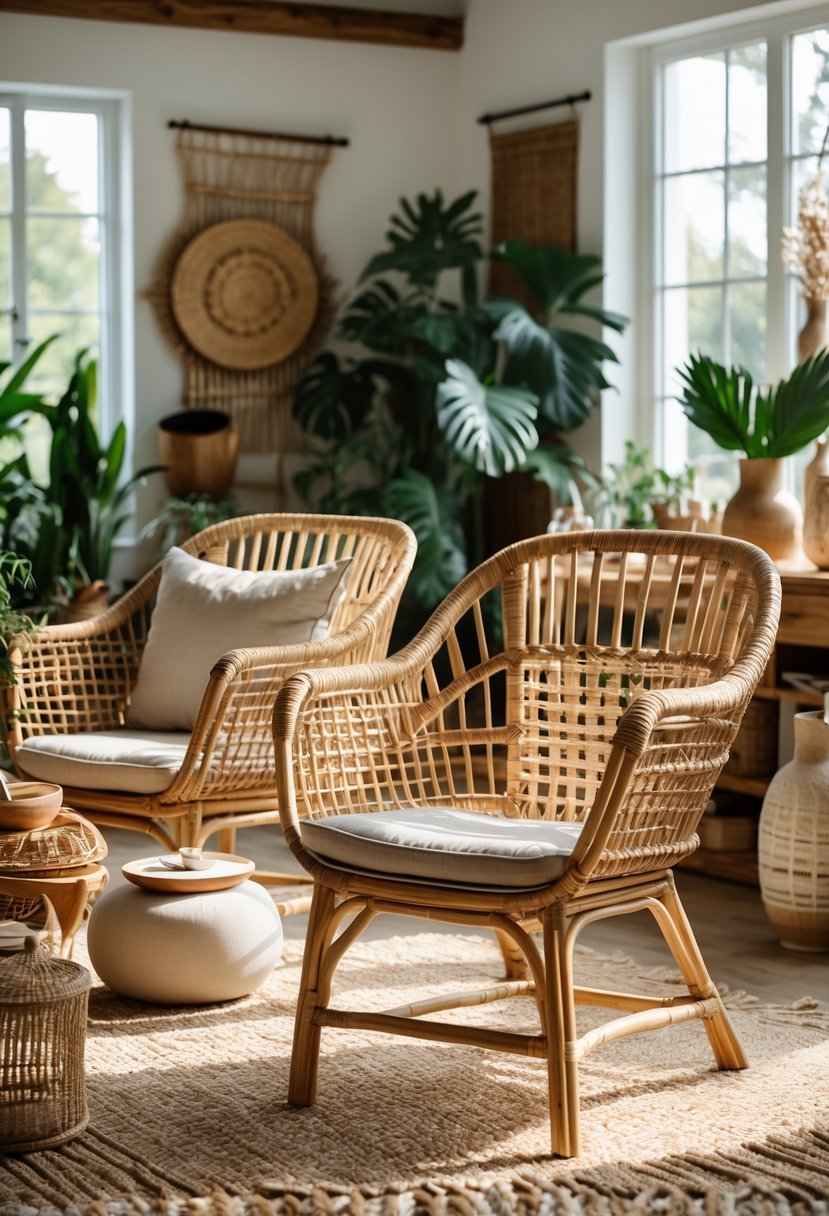 Eclectic Living Room Design With Natural Textures: 22 Inspiring Ideas for a Stylish Space 17 Living room with woven rattan chairs, wooden furniture, plants, and natural light.