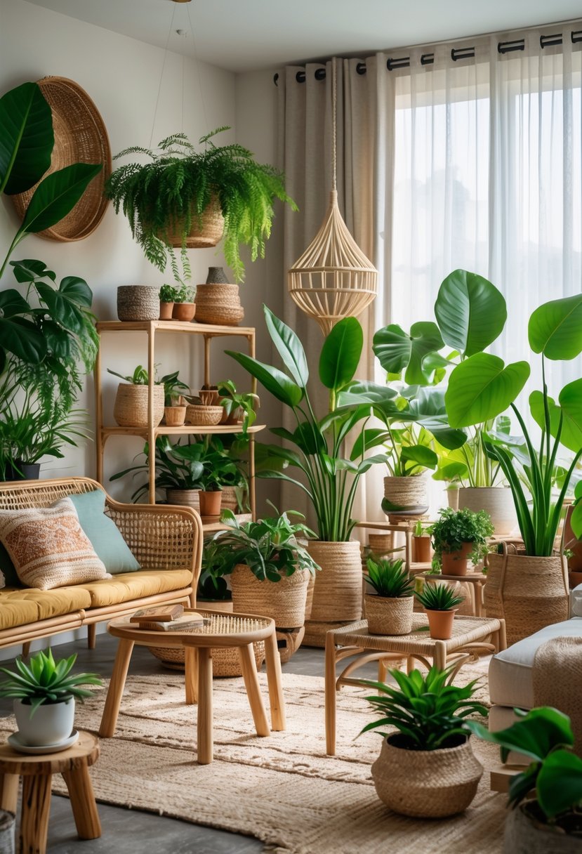 Eclectic Living Room Design With Natural Textures: 22 Inspiring Ideas for a Stylish Space 18 A living room with various plants, wooden furniture, and natural materials, filled with soft natural light.