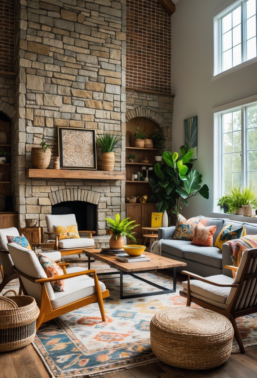 Eclectic Living Room Design With Natural Textures: 22 Inspiring Ideas for a Stylish Space 19 A living room with stone and brick walls, wooden furniture, plants, and comfortable seating.