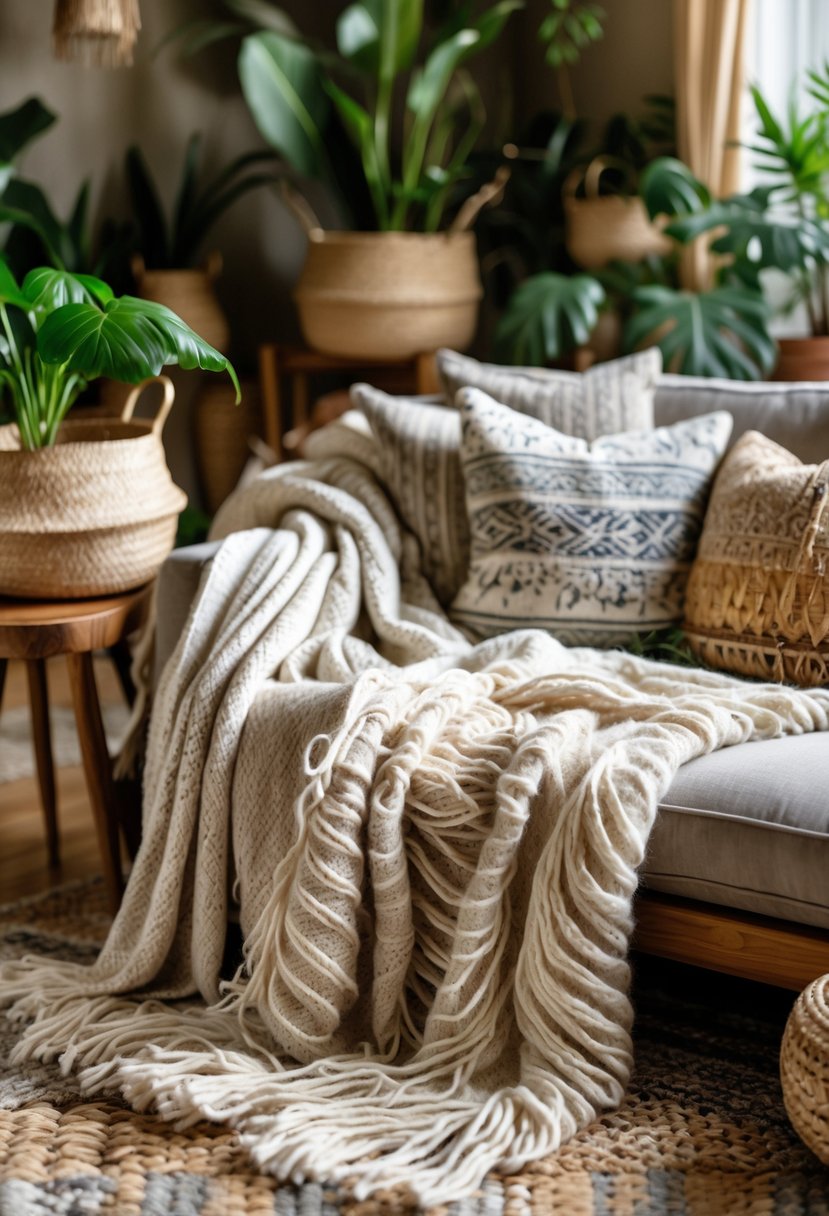 Eclectic Living Room Design With Natural Textures: 22 Inspiring Ideas for a Stylish Space 20 A living room with layered soft throw blankets on a sofa, surrounded by wooden furniture and indoor plants.