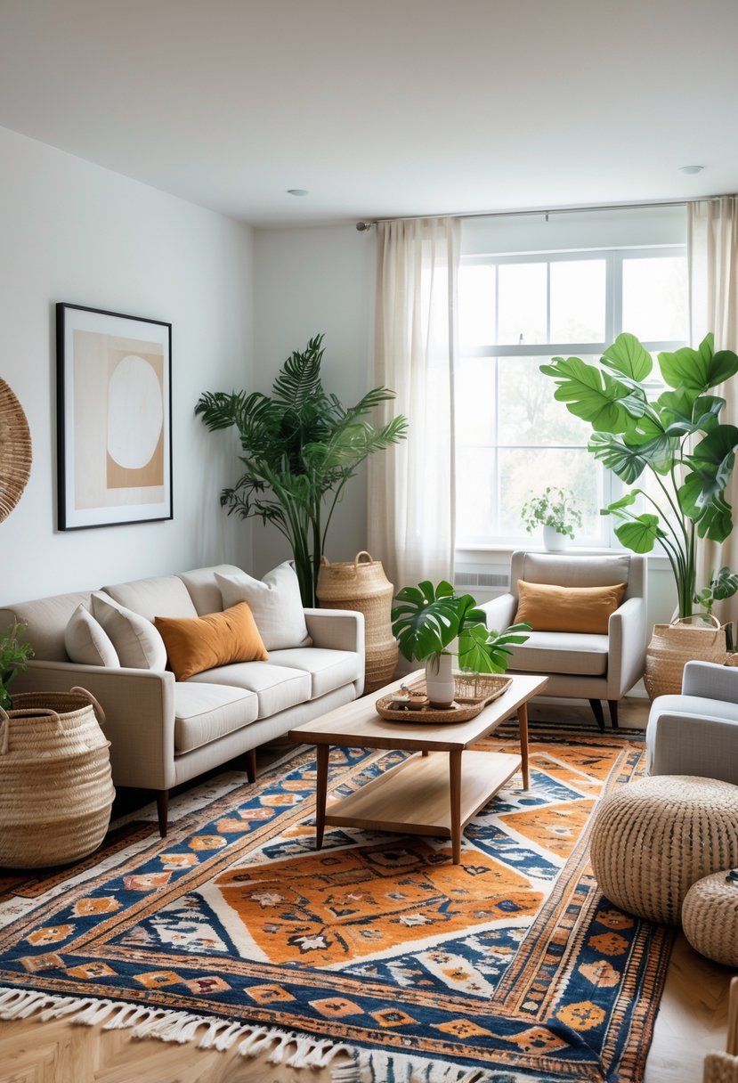 Eclectic Living Room Design With Natural Textures: 22 Inspiring Ideas for a Stylish Space 21 Living room with patterned rugs, neutral furniture, wooden tables, plants, and soft natural light.